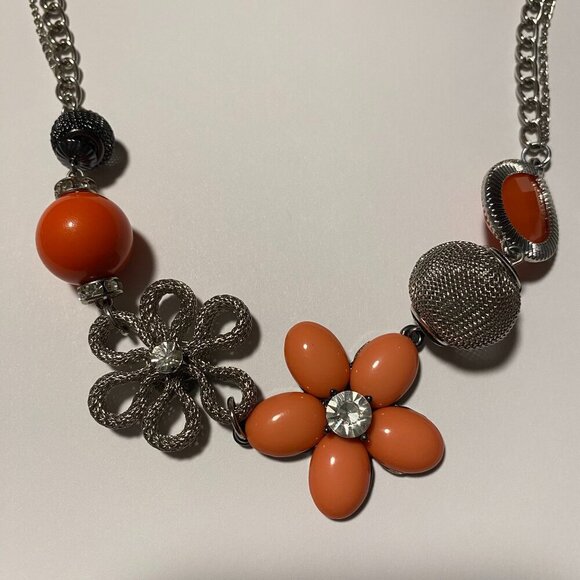 Orange/Silver Statement Necklace - Picture 1 of 6